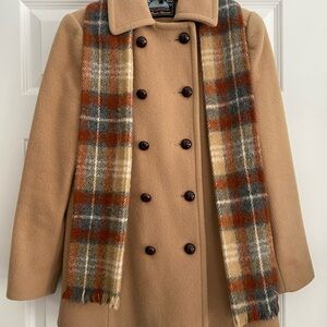 Classic Tan Pea Coat with Plaid Scarf
